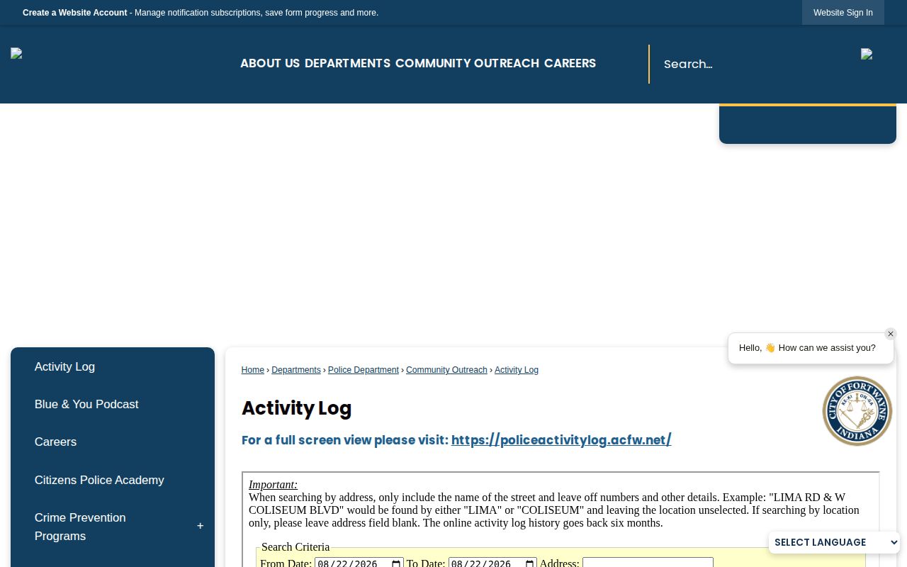 Fort Wayne Police Department official activity log record source